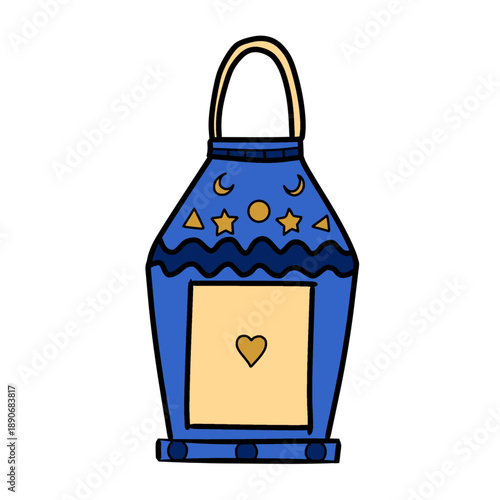 A blue lantern decorated with celestial shapes and a heart.