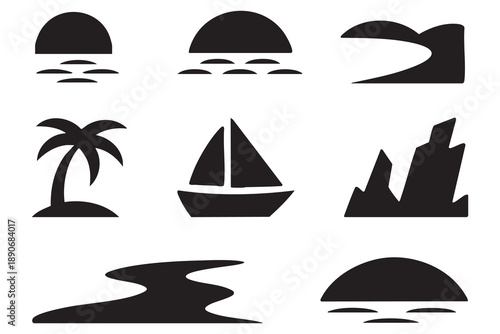 Tropical Beach and Ocean Icons wave palm tree