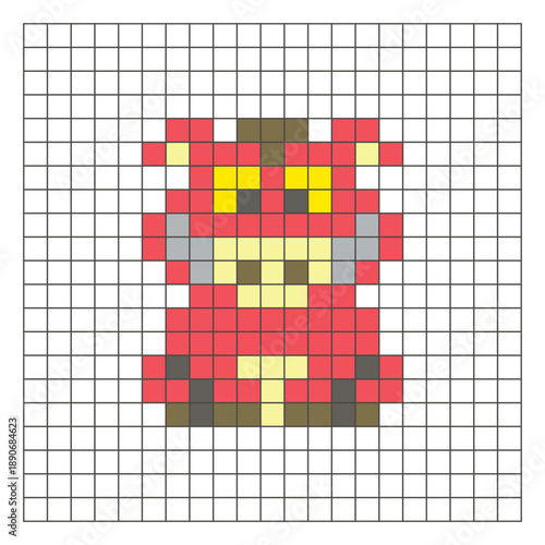 A flat pixel design made of geometric square color blocks on a clean grid layout. Pixel art boar