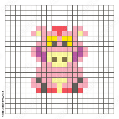 A flat pixel design made of geometric square color blocks on a clean grid layout. Pixel art boar