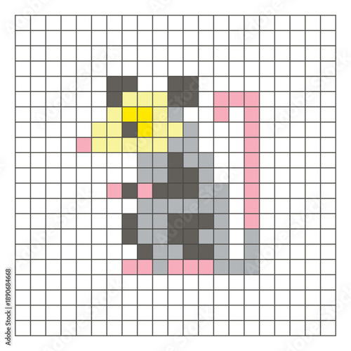 A flat pixel design made of geometric square color blocks on a clean grid layout. Pixel art possum