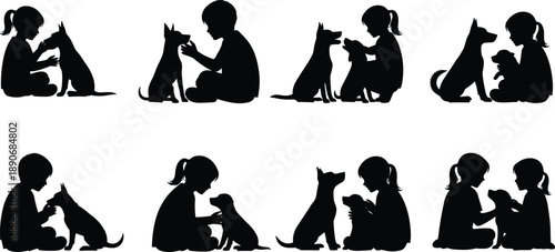 Children and dog silhouette set showing kids sitting playing and bonding with pets isolated on white background for family love animal care childhood illustration concept