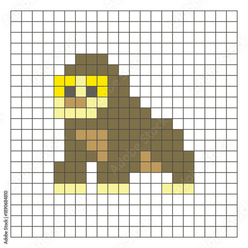 A flat pixel design made of geometric square color blocks on a clean grid layout. Pixel art gorilla