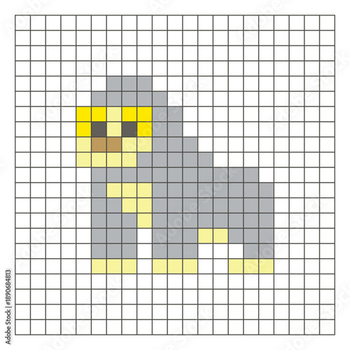 A flat pixel design made of geometric square color blocks on a clean grid layout. Pixel art gorilla