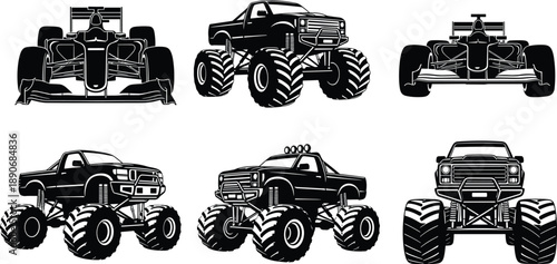 Black silhouette monster trucks and formula race cars set, powerful off road vehicles and motorsport icons isolated on white background illustration collection design