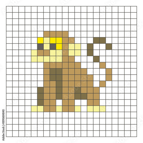 A flat pixel design made of geometric square color blocks on a clean grid layout. Pixel art monkey