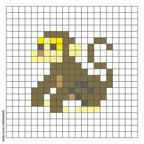 A flat pixel design made of geometric square color blocks on a clean grid layout. Pixel art monkey