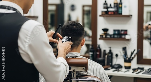 Barber Cutting Hair with Clippers in Salon.