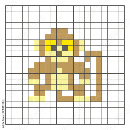 A flat pixel design made of geometric square color blocks on a clean grid layout. Pixel art monkey