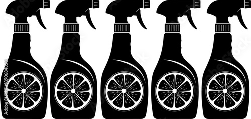 Cleaning spray bottle silhouettes with citrus label illustration, household detergent packaging icons in black and white vector style isolated for cleaning, hygiene, product, and packaging design use
