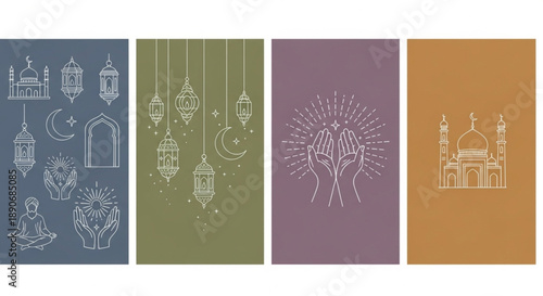 Ramadan Islamic and spiritual icons with lanterns, mosques, and celestial symbols on muted backgrounds