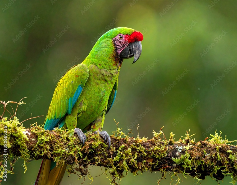 Naklejka premium Vibrant Green Military Macaw Perched on a Mossy Branch in Natural Habitat.