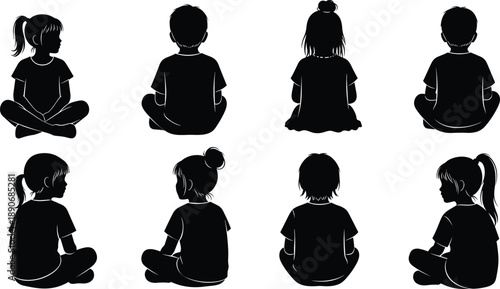 Children sitting silhouette set showing boys and girls from back and side views isolated on white background for education mindfulness childhood illustration concept