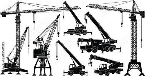 Collection of construction crane silhouettes including tower cranes, mobile cranes and lifting machinery equipment isolated on white background for industrial engineering and building design use