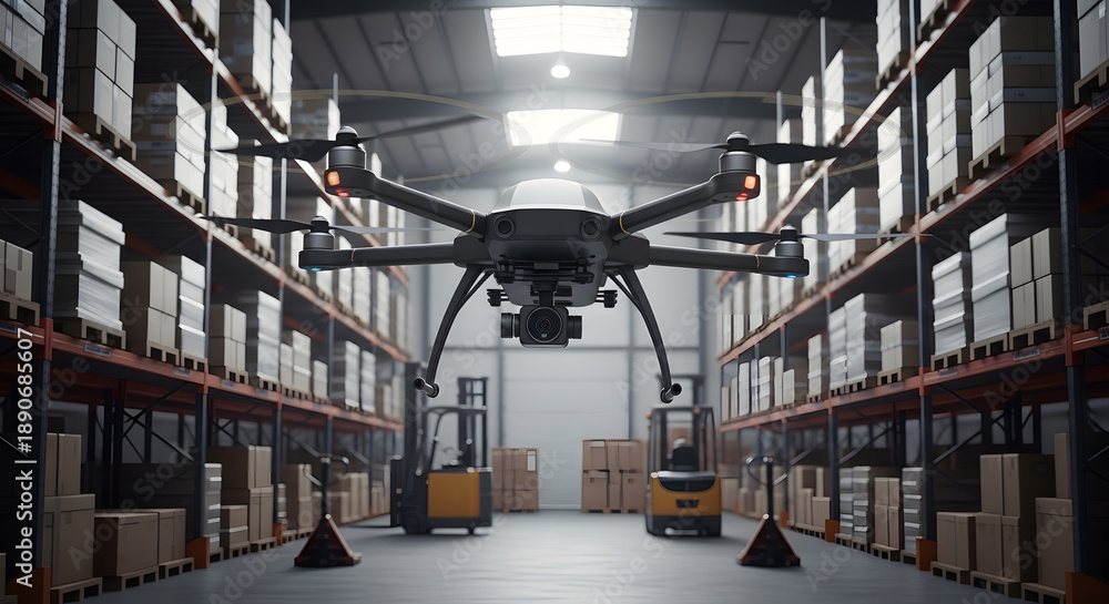 Fototapeta premium Industrial Drone Flying in Modern Warehouse Interior with High Shelves