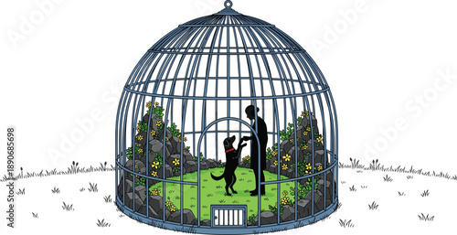 Conceptual illustration of man and dog inside cage symbolizing captivity, control, freedom and human animal relationship, creative metaphor artwork isolated on white background