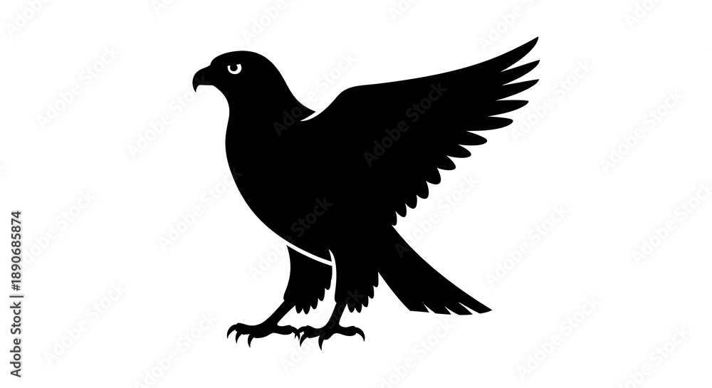 Obraz premium Silhouette of a Black Bird with Wings Spread Against White Background.