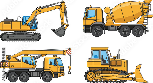 Construction machinery illustration set featuring excavator concrete mixer truck mobile crane and bulldozer isolated on white background for industrial engineering building equipment design concept