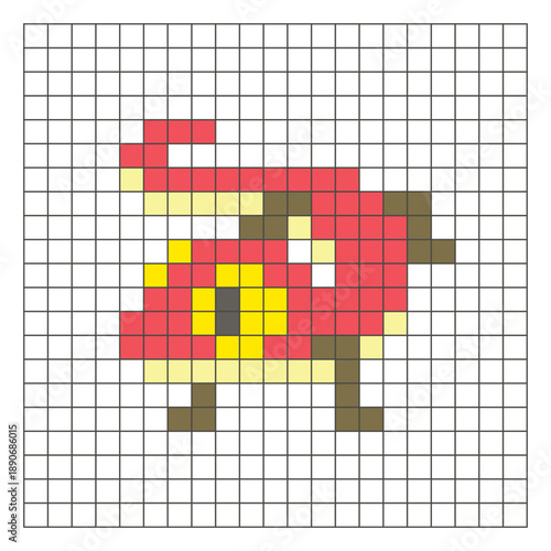 A flat pixel design made of geometric square color blocks on a clean grid layout. Pixel art gecko