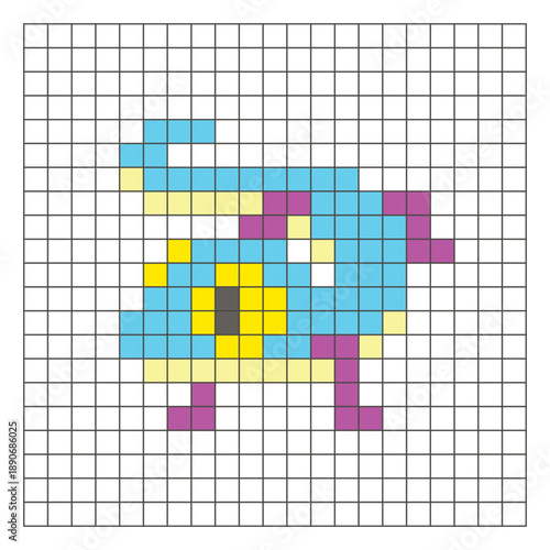 A flat pixel design made of geometric square color blocks on a clean grid layout. Pixel art gecko