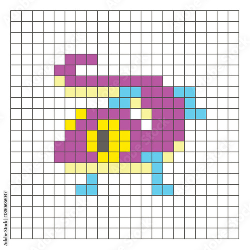 A flat pixel design made of geometric square color blocks on a clean grid layout. Pixel art gecko