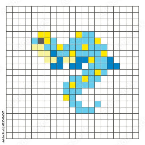 A flat pixel design made of geometric square color blocks on a clean grid layout. Pixel art lizard