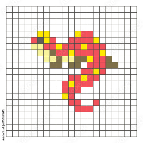 A flat pixel design made of geometric square color blocks on a clean grid layout. Pixel art lizard