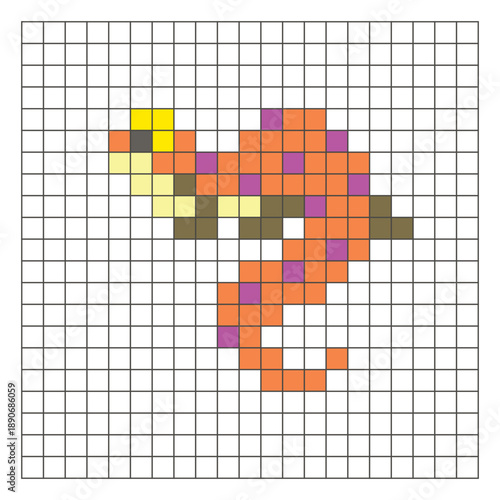A flat pixel design made of geometric square color blocks on a clean grid layout. Pixel art lizard