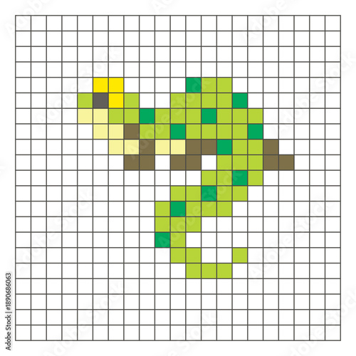 A flat pixel design made of geometric square color blocks on a clean grid layout. Pixel art lizard