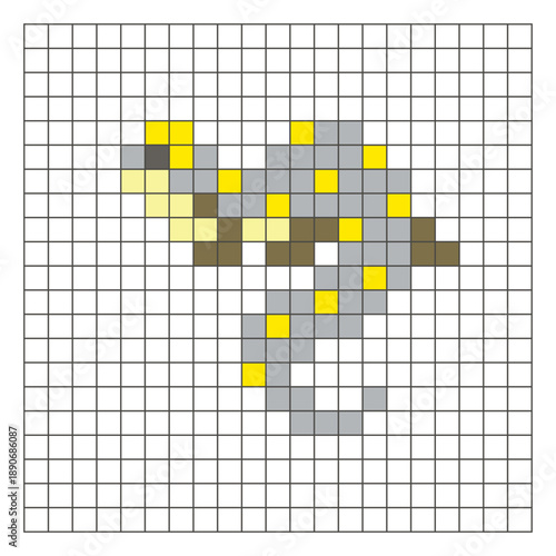A flat pixel design made of geometric square color blocks on a clean grid layout. Pixel art lizard