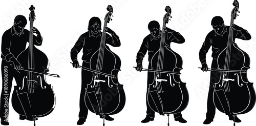 Double bass player silhouette set in black and white flat vector style, musician performance illustration collection for jazz music concepts, concerts, orchestras, and creative design use