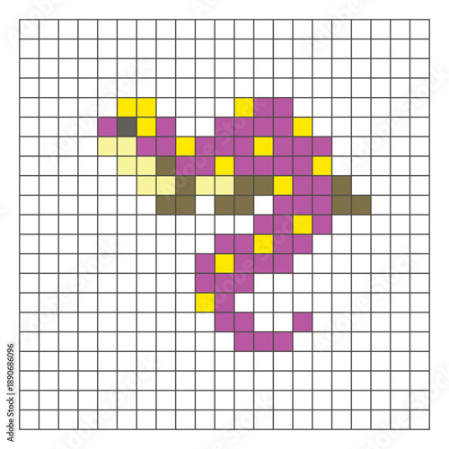 A flat pixel design made of geometric square color blocks on a clean grid layout. Pixel art lizard