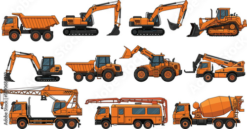 Heavy construction machinery collection featuring excavators dump trucks loaders cranes bulldozers concrete mixer and service vehicles isolated on white 