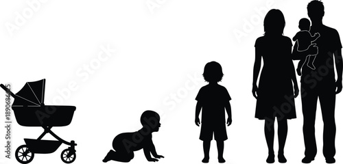 Family growth stages silhouette set showing baby stroller crawling toddler child and parents isolated on white background vector illustration