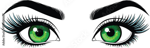 Green female eyes with long eyelashes and eyebrows isolated on white background beauty makeup cosmetic vector illustration design