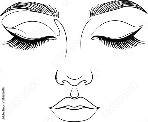 Minimal female face line art with closed eyes lashes and lips beauty makeup logo style vector illustration