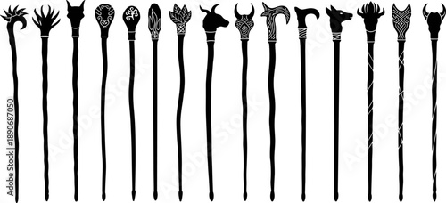 Fantasy magic staff silhouette illustration set featuring ornamental wizard wands, ancient ritual symbols and mythological designs, black vector collection isolated on white background for games 