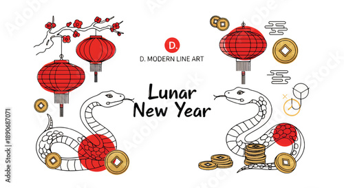Lunar New Year Snake Illustration with Lanterns and Coins.