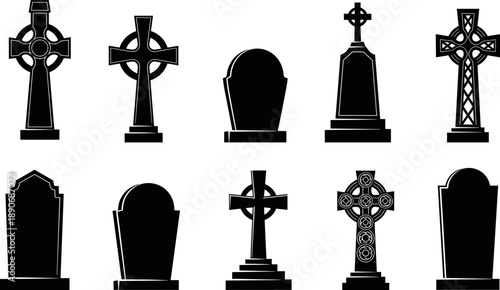 Gothic cemetery crosses and gravestone silhouettes collection, vintage black and white memorial tomb icons isolated for funeral, religious symbolism, Halloween themes, and dark graphic design projects