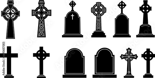 Gothic cemetery crosses and gravestone silhouettes set illustration, vintage black and white memorial tomb icons isolated for funeral, religious, Halloween, and dark design projects