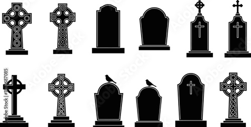 Gothic cemetery gravestone and cross silhouettes set, vintage memorial tombstone icons with raven elements, black and white vector illustration isolated for Halloween and dark design