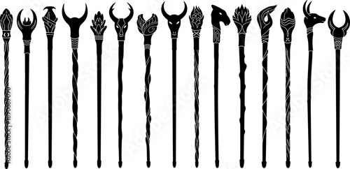 Fantasy magic staff silhouette illustration set featuring ornate wizard wands with animal and tribal symbols, black vector mythological accessories isolated on white background for games