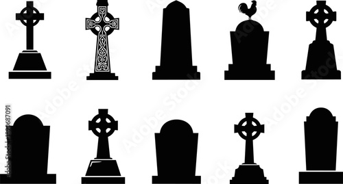 Gothic cemetery gravestone and cross silhouettes set featuring classic memorial tomb icons, black and white vector illustration isolated for funeral, religion, Halloween, and dark design projects