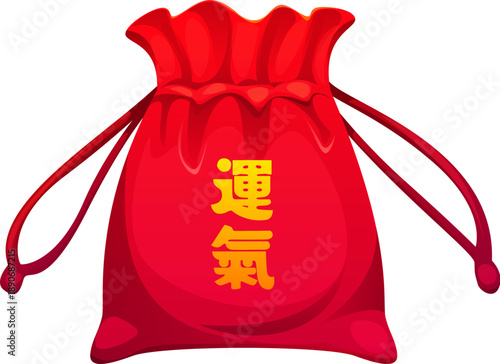 Chinese lucky money bag for Lunar New Year celebration. Cartoon vector red festive fortune pouch decorated with hieroglyph meaning luck and good fortune. Happy symbol of prosperity in Asian culture