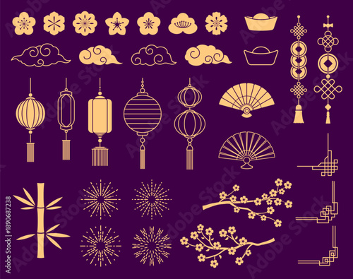 Oriental Asian lunar New Year vector elements of Japanese and Chinese flower blossoms. Clouds and waves, traditional lanterns and fireworks, bamboo, knots and paper fans for Chinese design elements