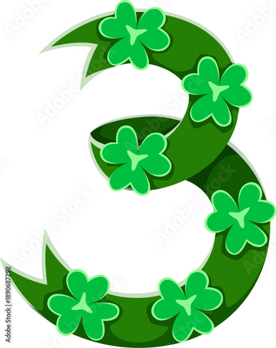 St Patricks font typeset green ribbon number 3 three. Spring holiday font vector figure, Ireland festive type digit. Saint Patricks day typeface numeral symbol with shamrock clover leaves and ribbon