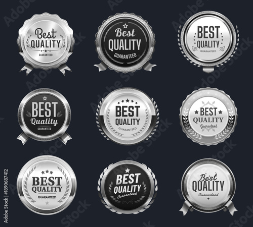 Best quality silver labels, badges and tags or award seals with ribbons, vector laurel wreaths. Best quality badges with silver ribbons for premium product and best choice guarantee for shop or store