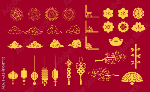 Asian oriental design elements of Chinese, Japanese and Korean ornaments, vector icons. Chinese frames and design elements of cloud and lucky knot, fan and bamboo with yuanbao ingot sycee and lanterns