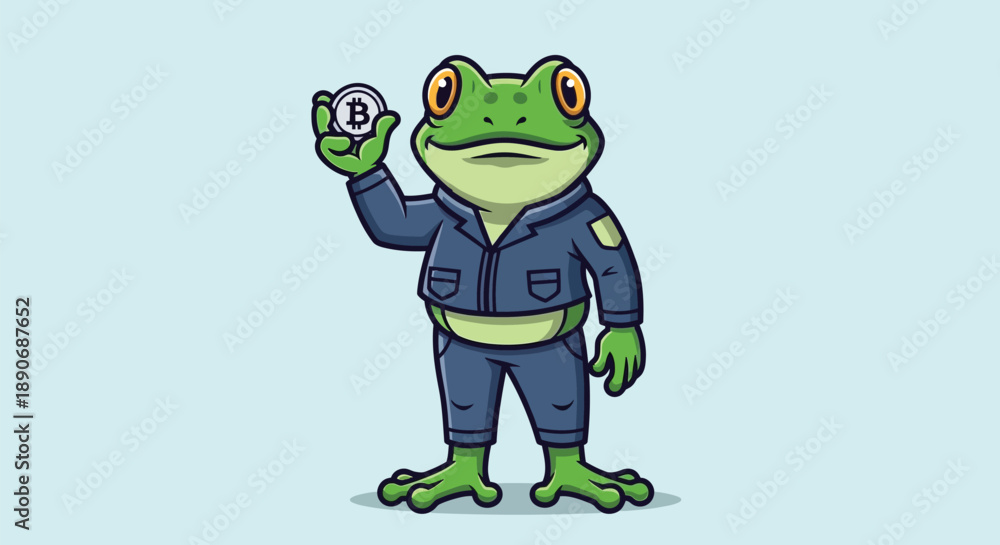 Obraz premium A cartoon frog wearing a blue jumpsuit holds a coin in its raised hand against a light blue background with a simple composition.