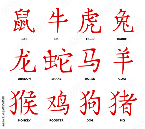 Chinese horoscope hieroglyphs for Asian zodiac year and astrology signs for lunar holiday, vector icons. Chinese horoscope hieroglyphs calligraphy of twelve animals from astrological year symbols